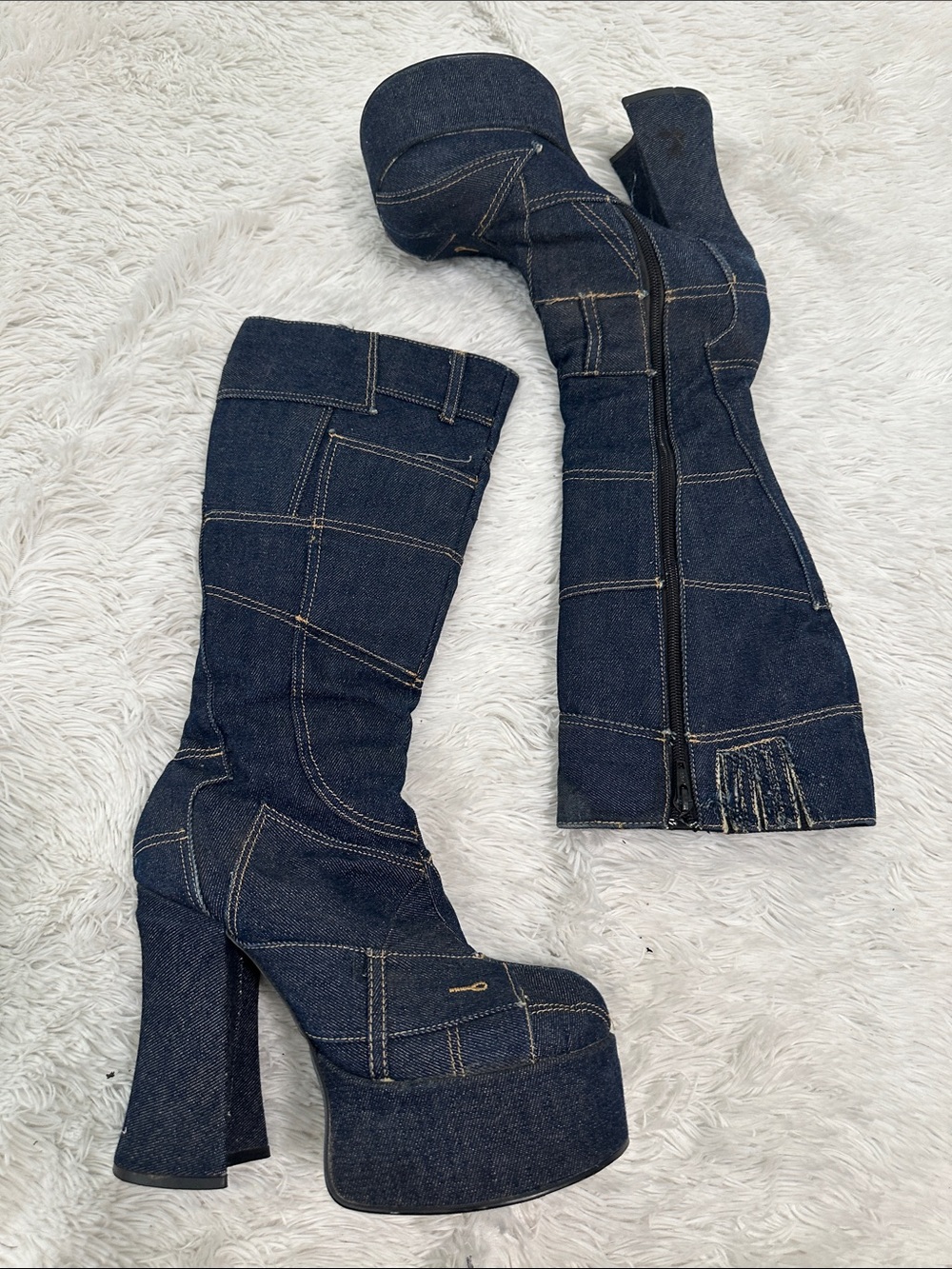 🍋 Vintage Rare Splash Denim Patchwork Platform Boots